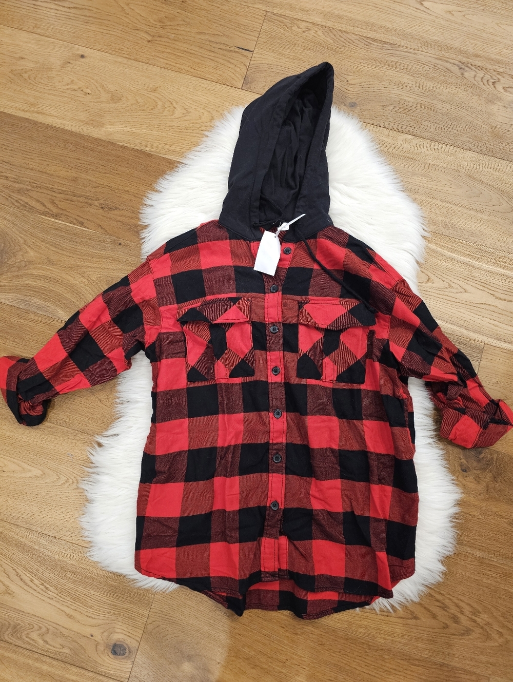 NWT Divided Red and Black Plaid Hooded Button-Down Shirt